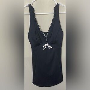 Calypso Cove Black and White w/ V-neck Ruffled Trim and Bow Swim Dress